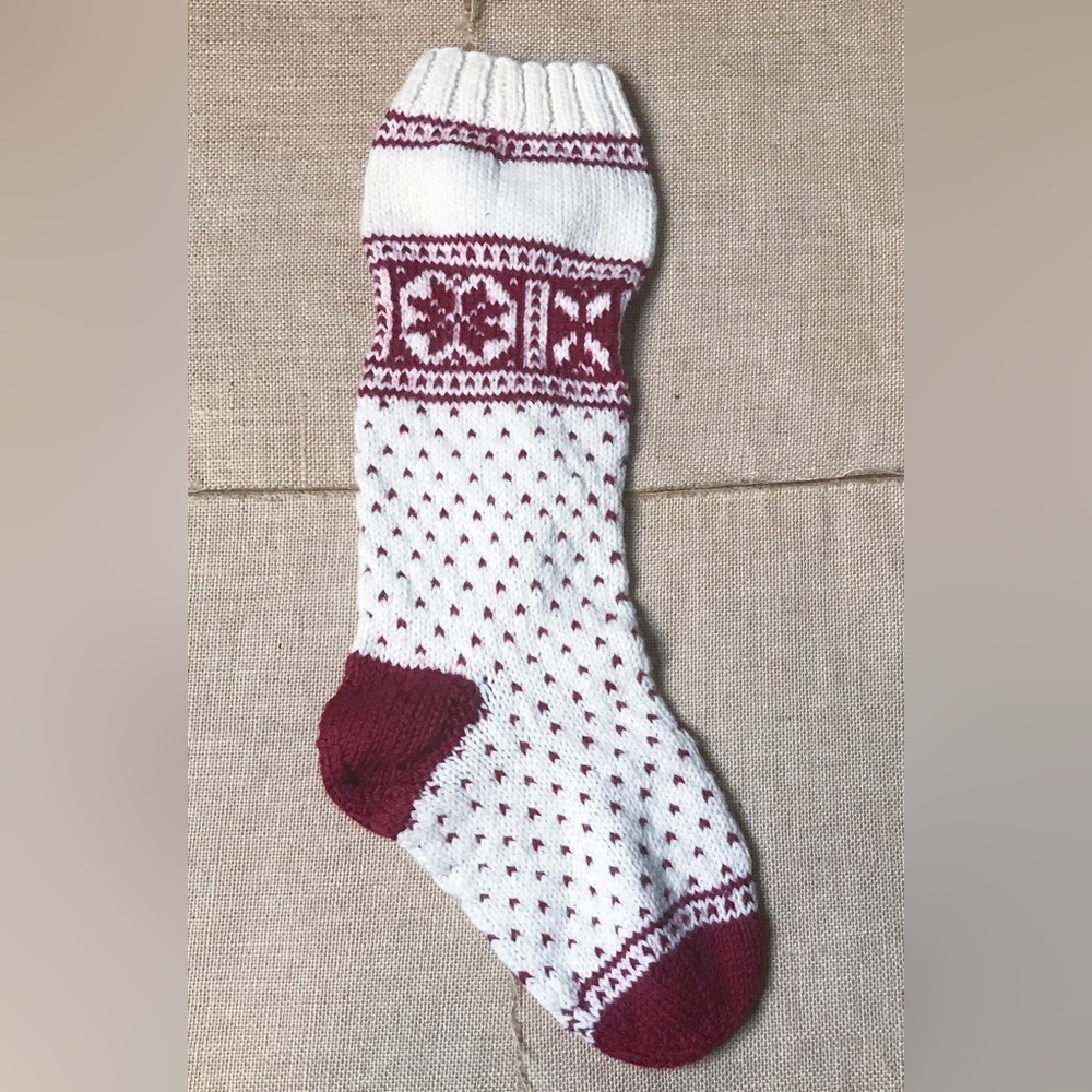 Fair Isle Sweater Stocking Red Cream Christmas Holiday Nordic Farmhouse Cottage - Picture 1 of 3